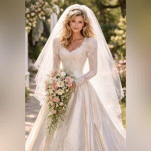 Vintage 1980s Lace Bridal romantic rose appliqué cathedral train wedding dress